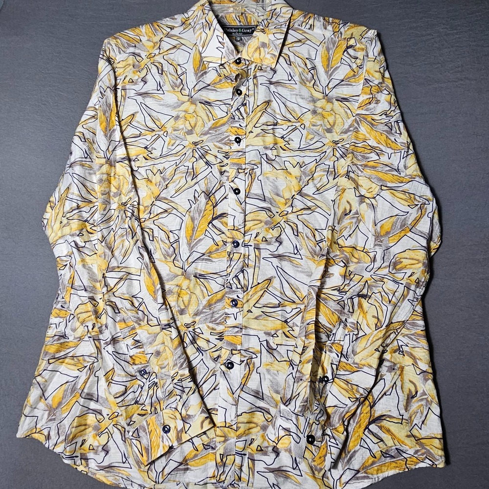 Paisley & Gray Slim Fit Button Up Shirt Mens XL Yellow Leaf Print Long Sleeve